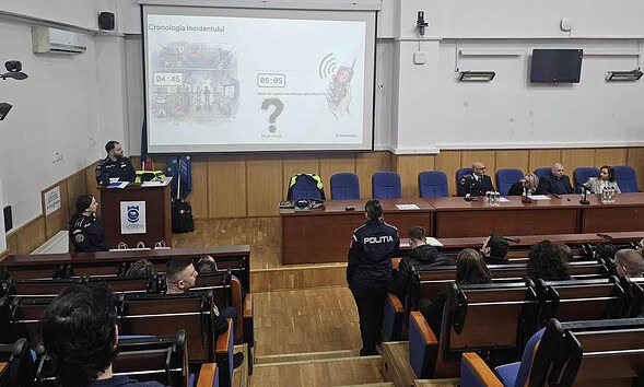 Elevi din Alba participând la activitatea de simulare a unui caz de jaf.