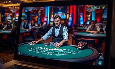 Jucător la masa de blackjack în cazinou online modern.