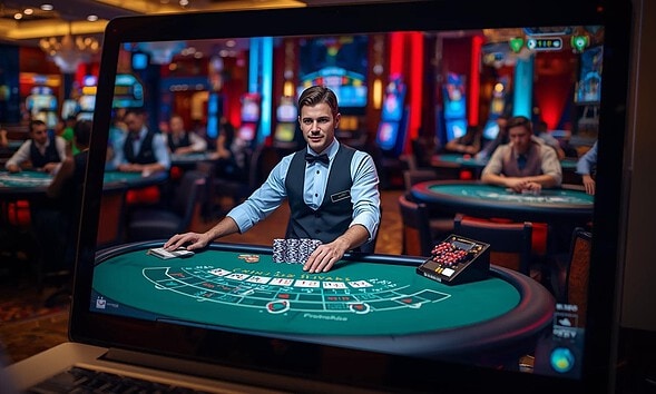 Jucător la masa de blackjack în cazinou online modern.