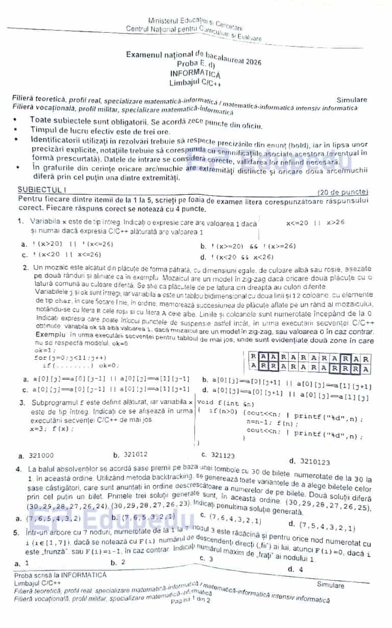 Simulare Bacalaureat 2026, subiecte la alegere pentru proba de informatică și logică, pregătire pent.