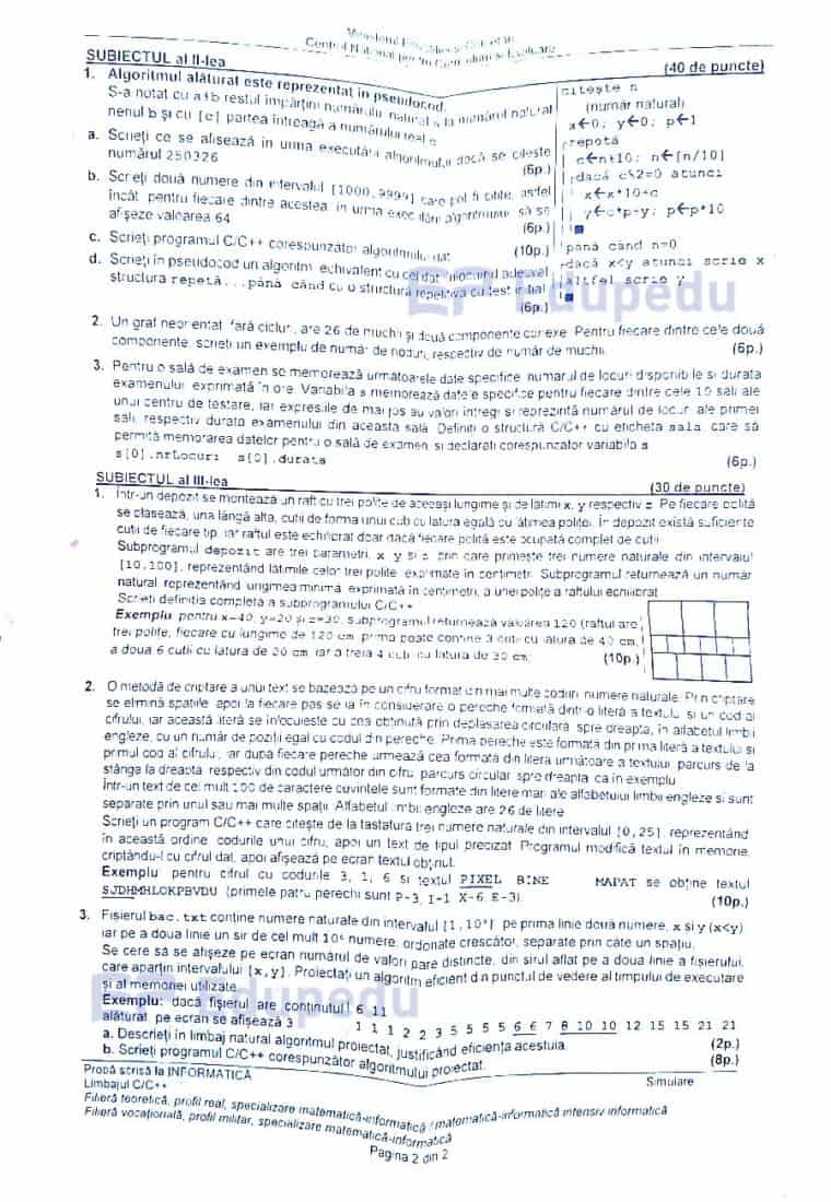 Simulare Bacalaureat 2026: subiecte la alegere pentru proba de logică, informatică și alte disciplin.