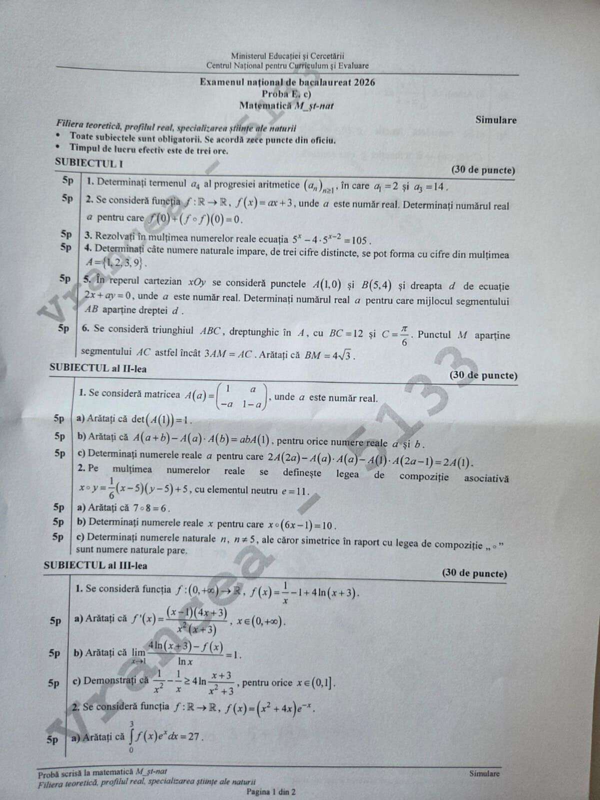 Simulare subiecte Bacalaureat 2026 Matematică și Istorie.