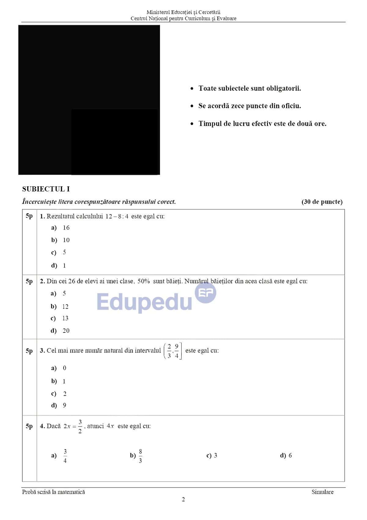 Imagine cu subiecte de matematică pentru simulare Evaluarea Națională 2026.