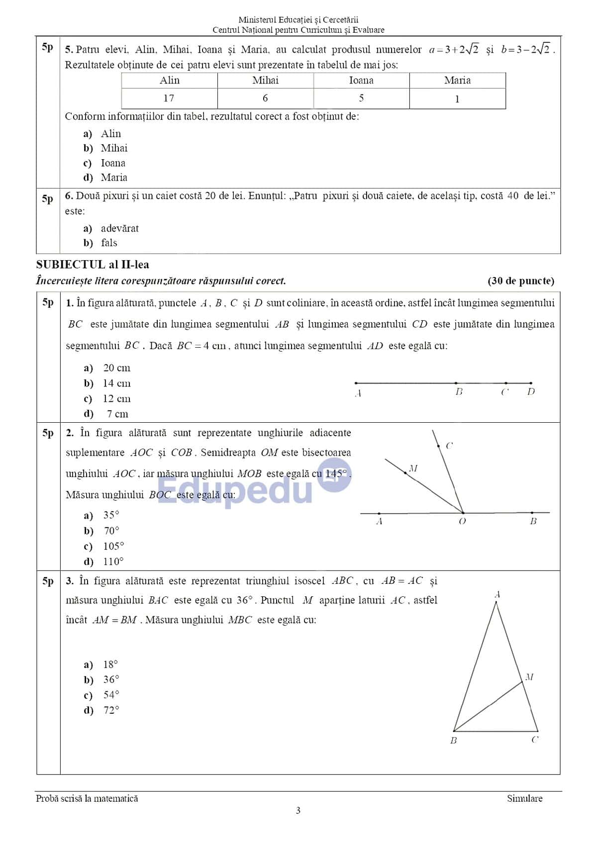 Subiecte simulare Evaluare Națională 2026 la Matematică pentru elevi, exerciții și probleme de rezol.