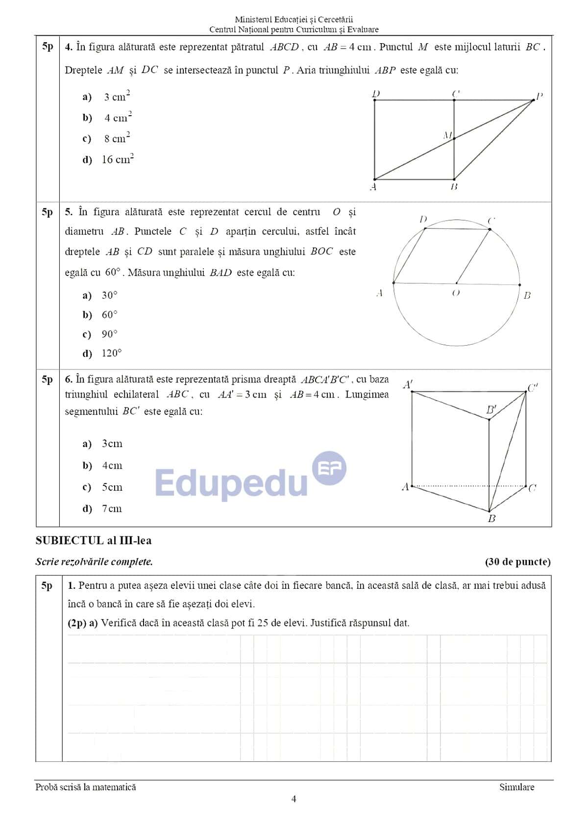 Probleme de matematică pentru simulare Evaluare Națională 2026, geometrie și trigonometrie.