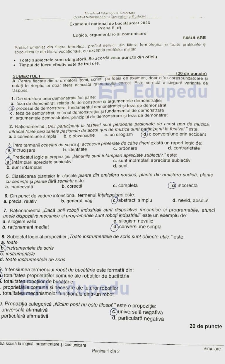 Simulare Bacalaureat 2026: subiecte la alegere - Logică, Informatică și alte discipline.