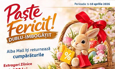 Coș cu ouă de Paște, iepuraș și cadouri, promovând campania „Paște Fericit – Dublu Îmbogățit” la Alb.