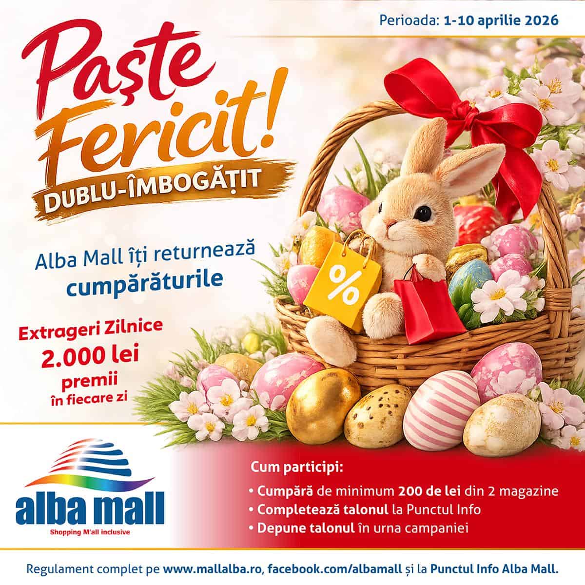 Coș cu ouă de Paște, iepuraș și cadouri, promovând campania „Paște Fericit – Dublu Îmbogățit” la Alb.