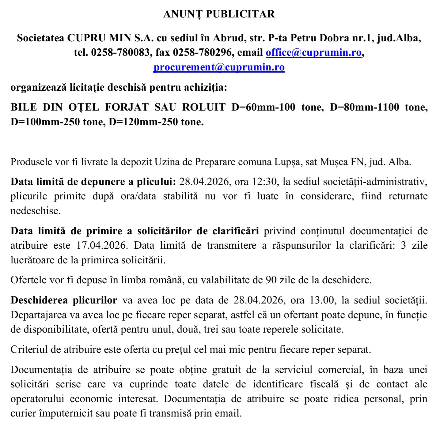 CUPRU MIN SA ABRUD anunt licitatie achizitie
