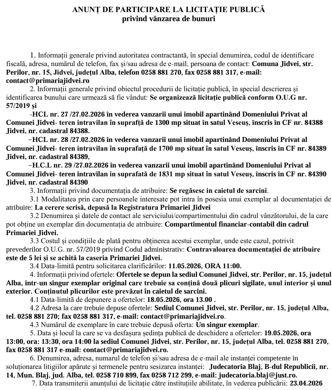 anunt licitatie comuna Jidvei vanzare teren