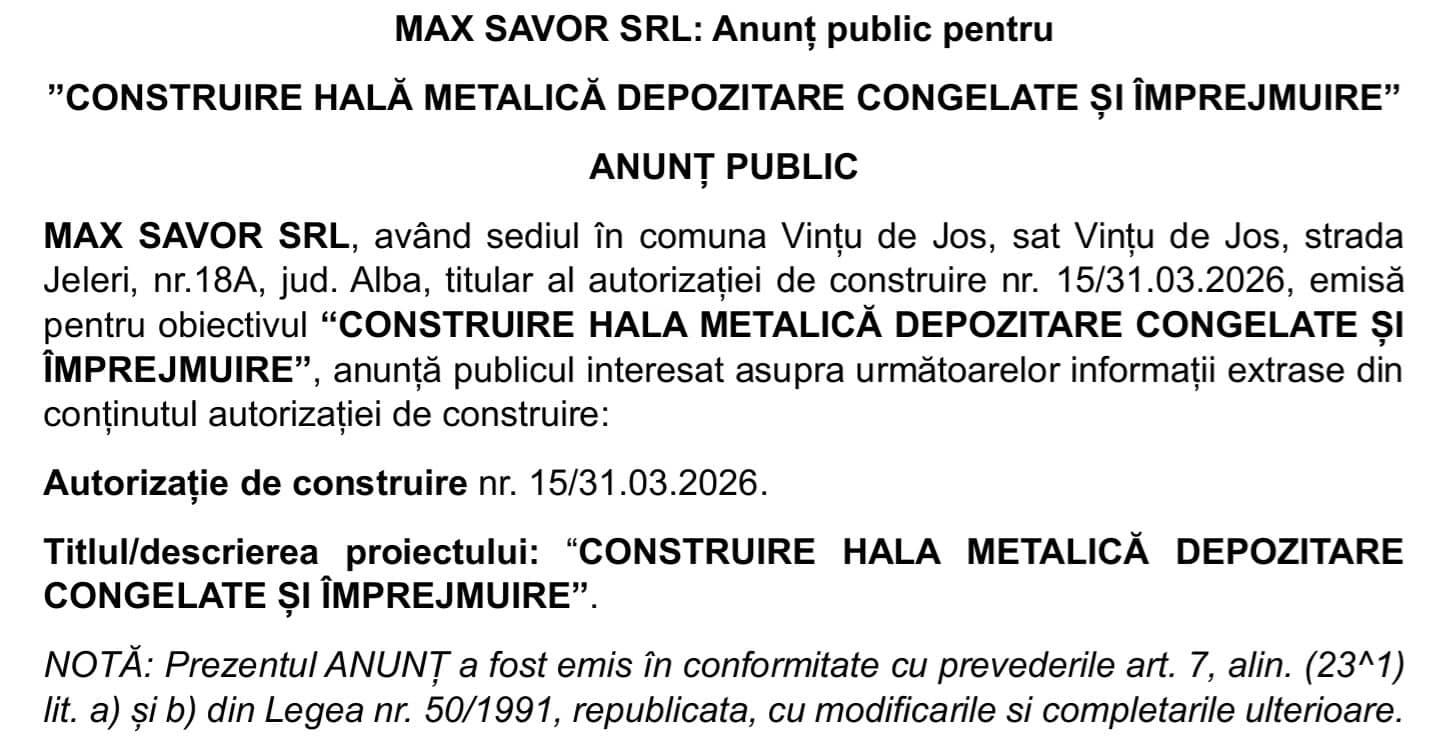 ANUNT PUBLIC SC MAX SAVOR SRL