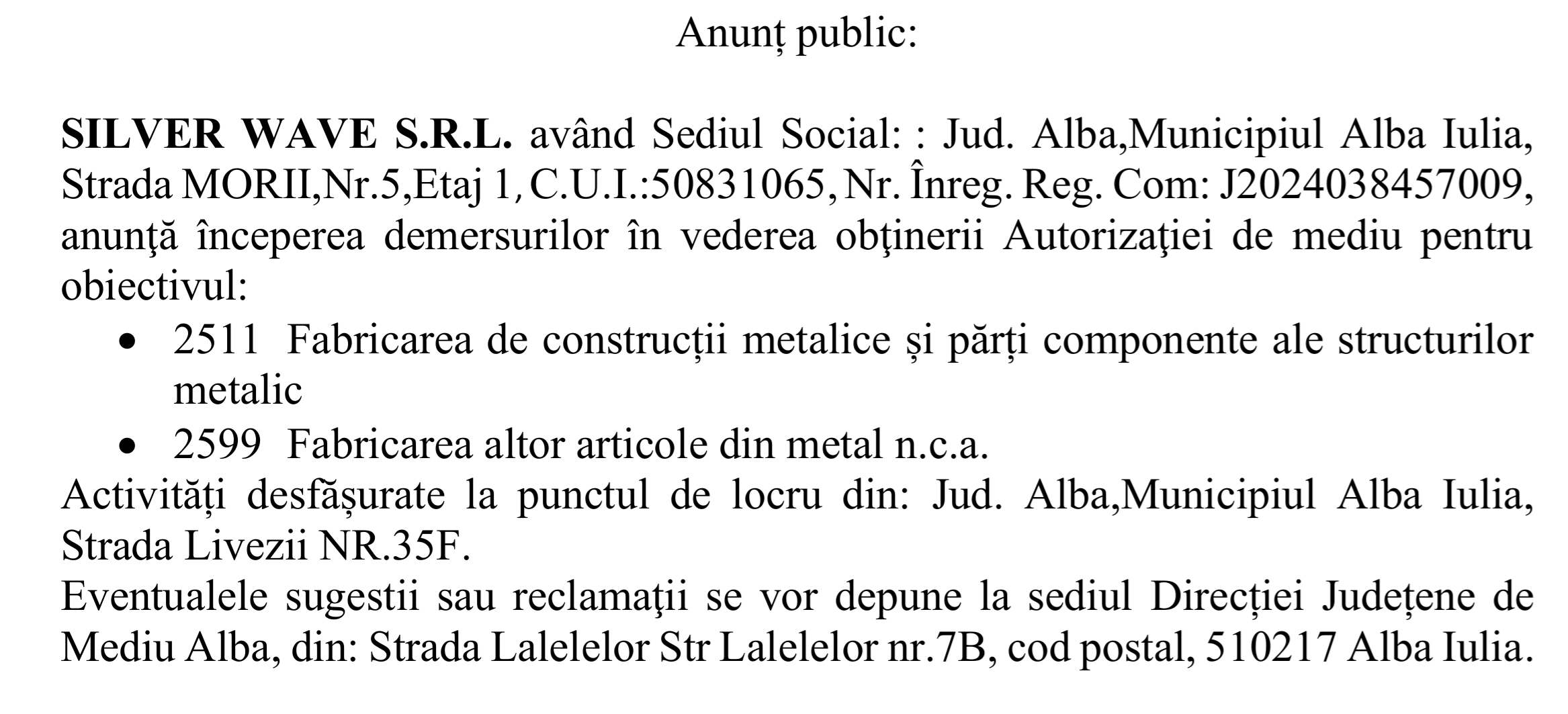 anunt de mediu autorizatie de mediu