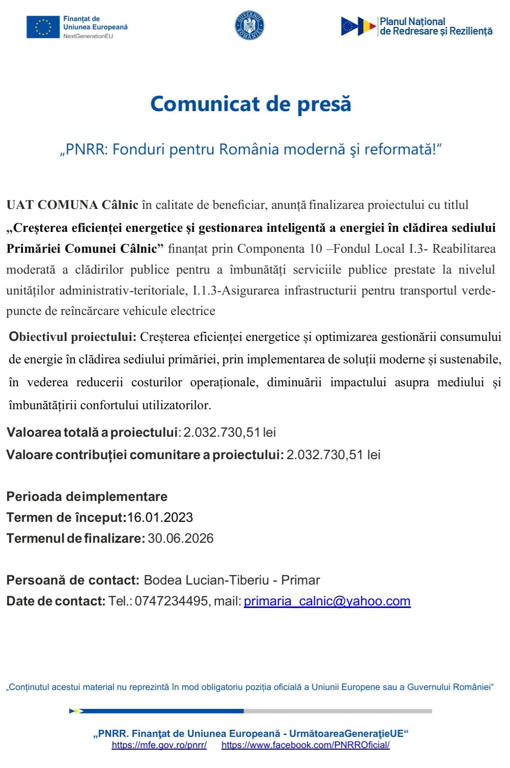 comunicat finalizare proiect Primaria Comunei Calnic