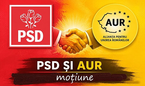 Imagine cu simbolurile PSD și AUR, reprezentând o alianță politică pentru depunerea moțiunii de cenz.