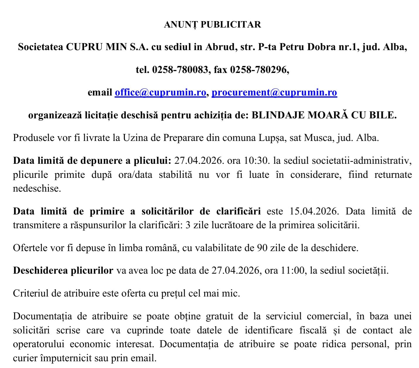 ANUNT CUPRU MIN SA ABRUD LICITATIE