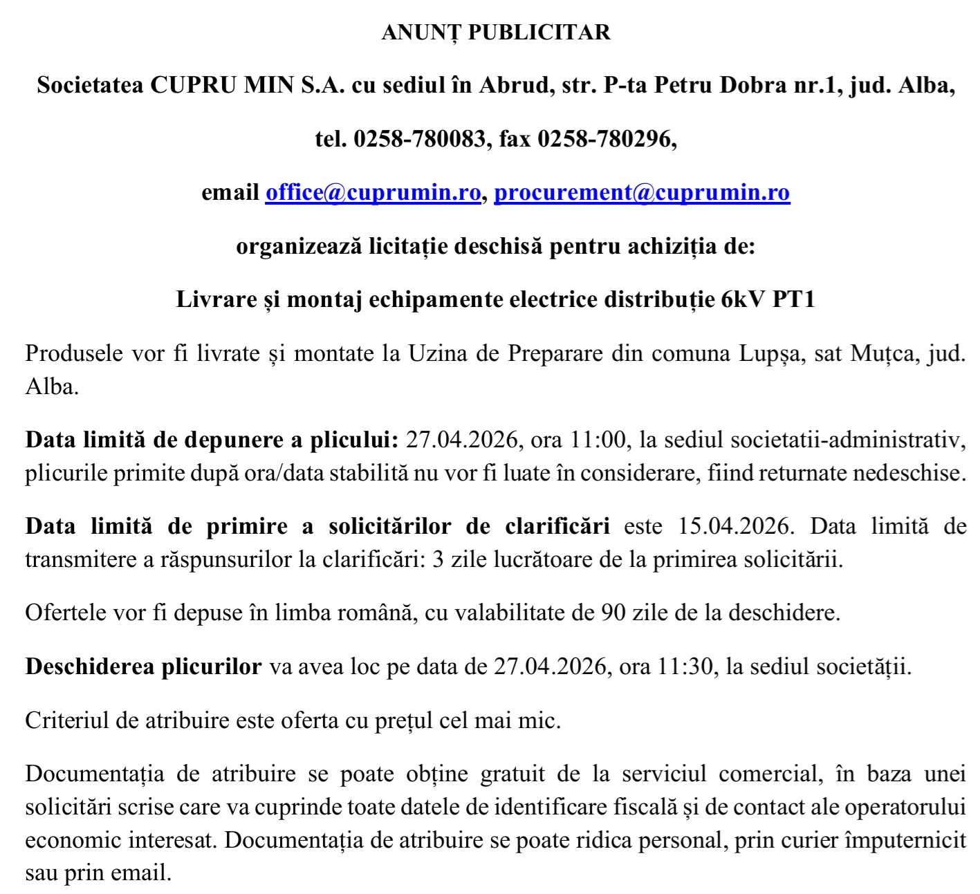 CUPRU MIN SA ABRUD LICITATIE ANUNT