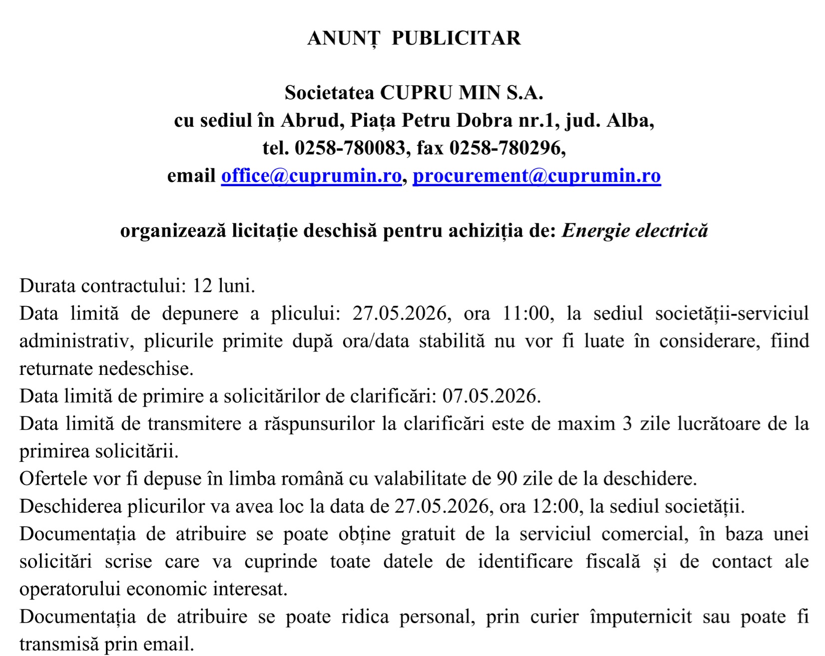 ANUNT CUPRU MIN SA ABRUD licitatie deschisa