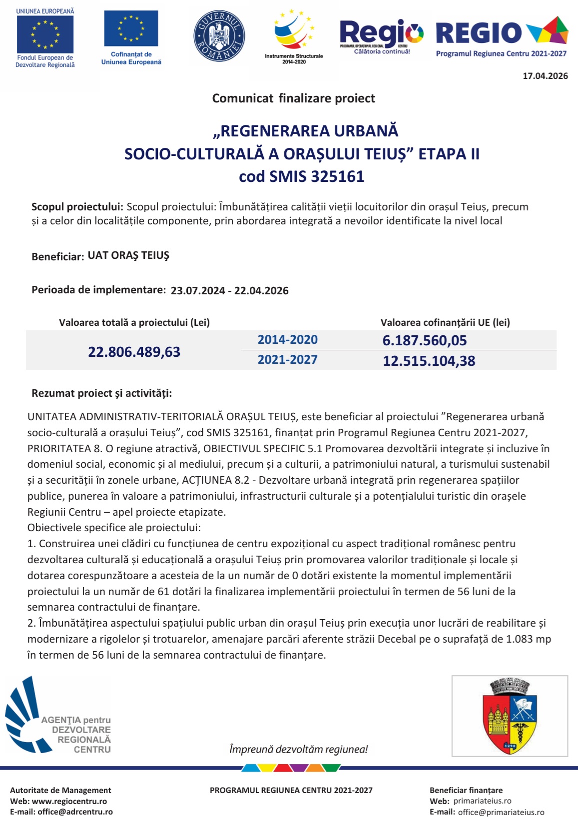 comunicat finalizare proiect UAT Teius