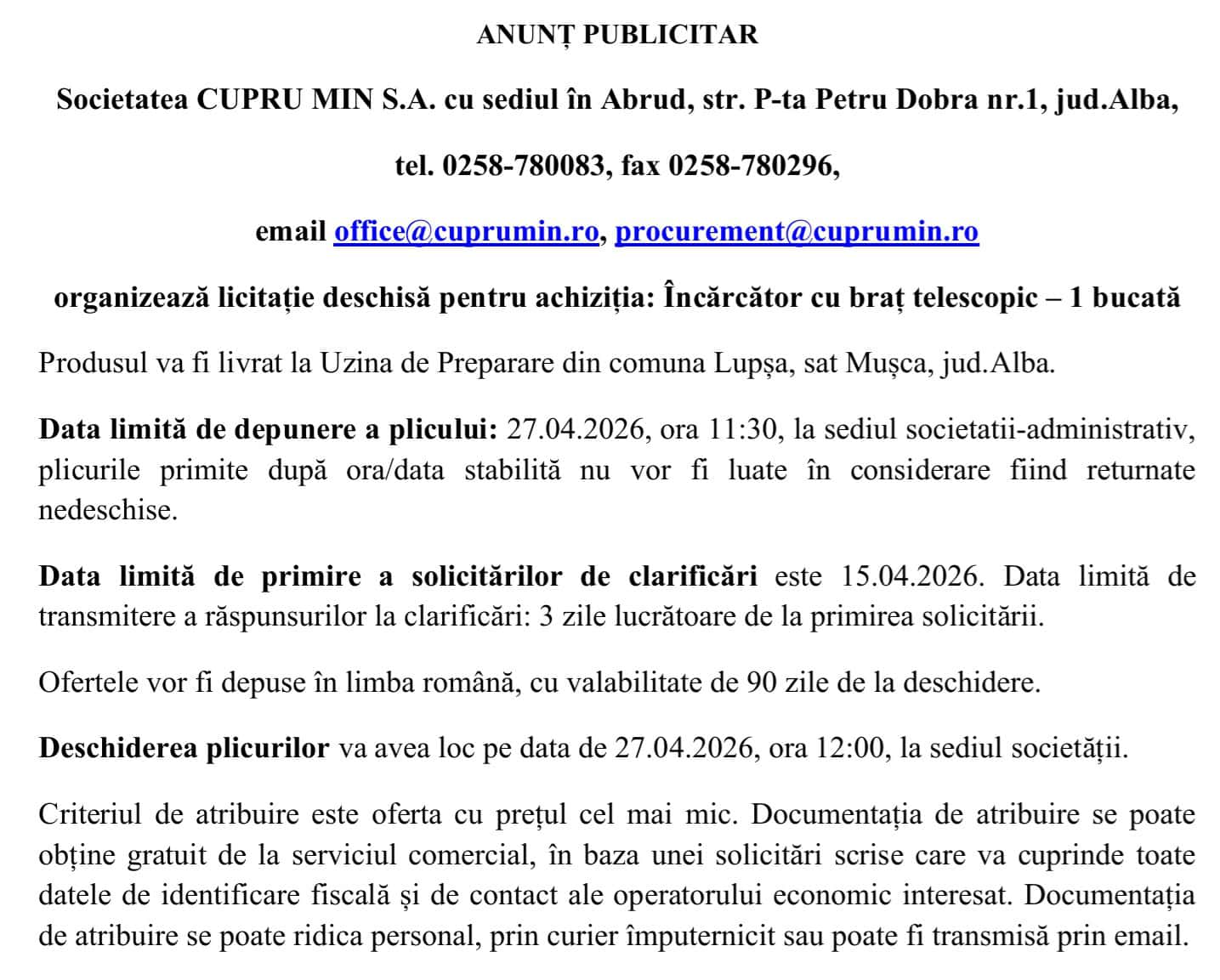 ANUNȚ LICITATIE CUPRU MIN SA ABRUD
