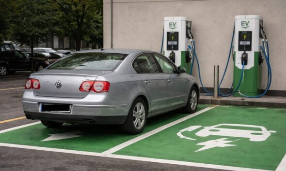 Mașină parcată abuziv pe loc de încărcare pentru vehicule electrice, încălcând regulile de utilizare.