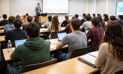 Imagine cu studenți în sală la curs, învățând și ascultând profesorul.