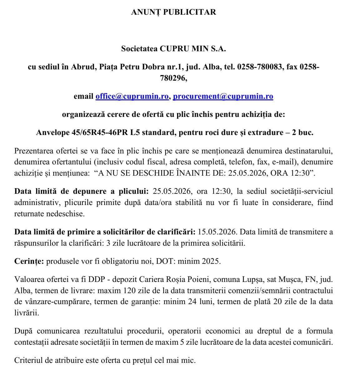 ANUNT LICITATIE CUPRU MIN SA ABRUD