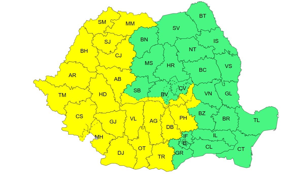 Cod Galben în Alba și alte județe: instabilitate atmosferică, ploi puternice, grindină și vijelii