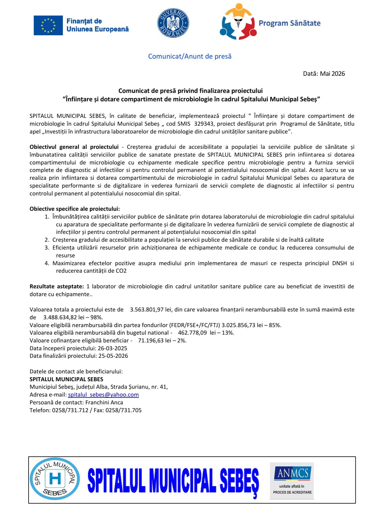 comunicat finalizare proiect Spitalul Municipal Sebes