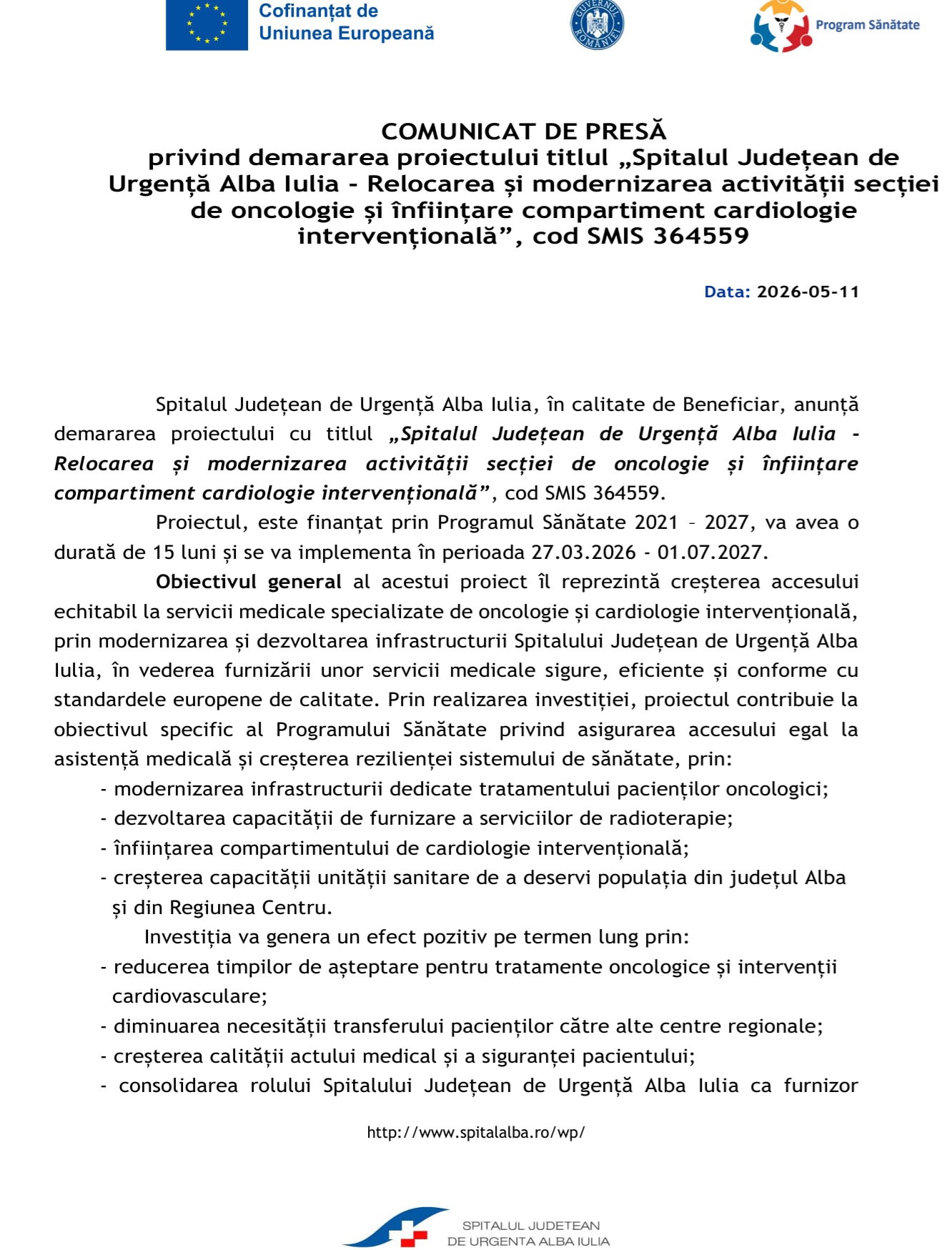 comunicat lansare proiect spitalul judetean de urgenta alba iulia