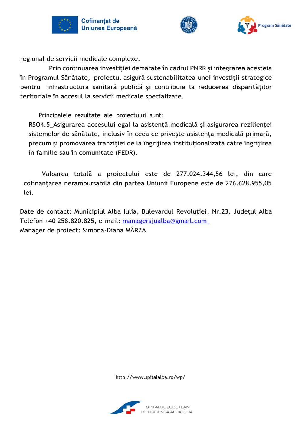 comunicat lansare proiect spitalul judetean de urgenta alba iulia