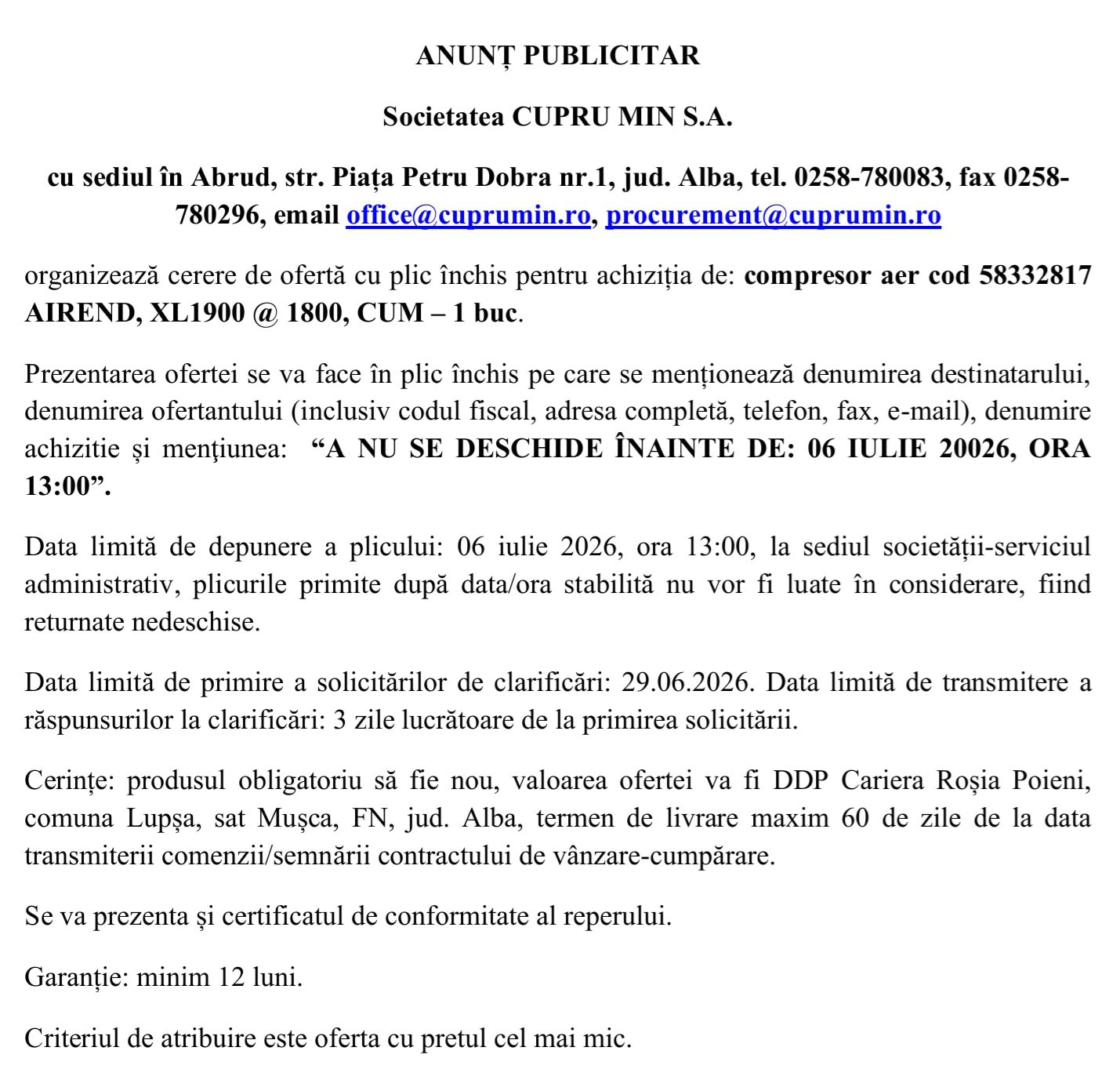 ANUNT Cupru Min SA ABRUD
