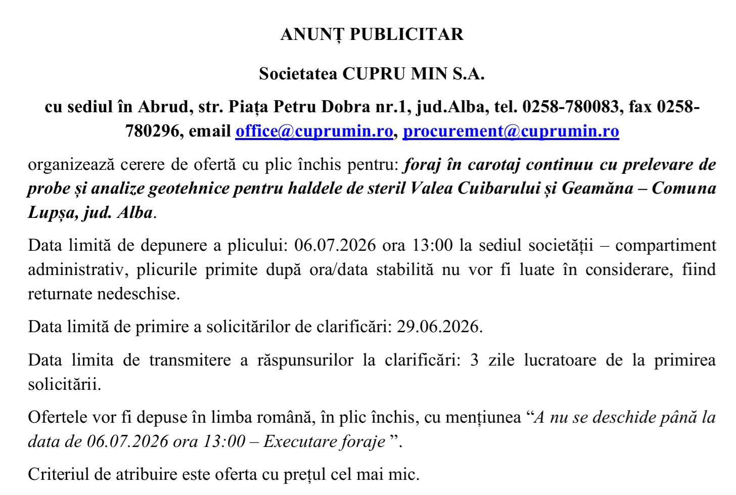 anunt cupru min sa abrud foraje