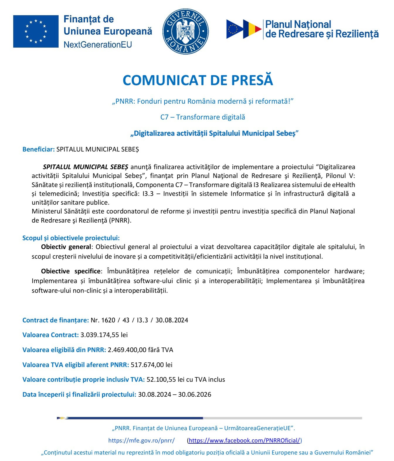 comunicat finalizare proiect Spitalul Municipal Sebes