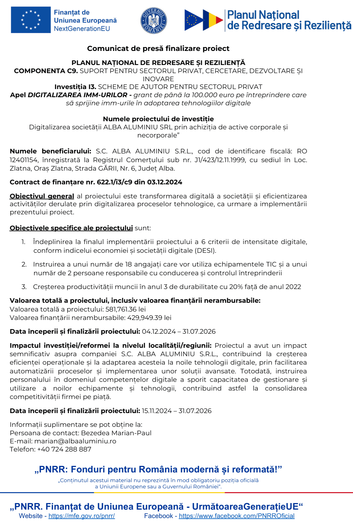 comunicat finalizare proiect alba aluminiu 
