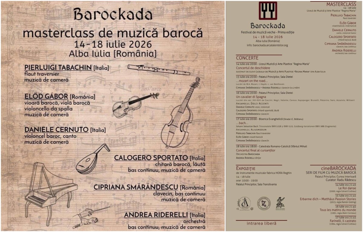 14-18 iulie: Prima ediție Barockada - festival-masterclass de muzică barocă, la Alba Iulia. PROGRAM