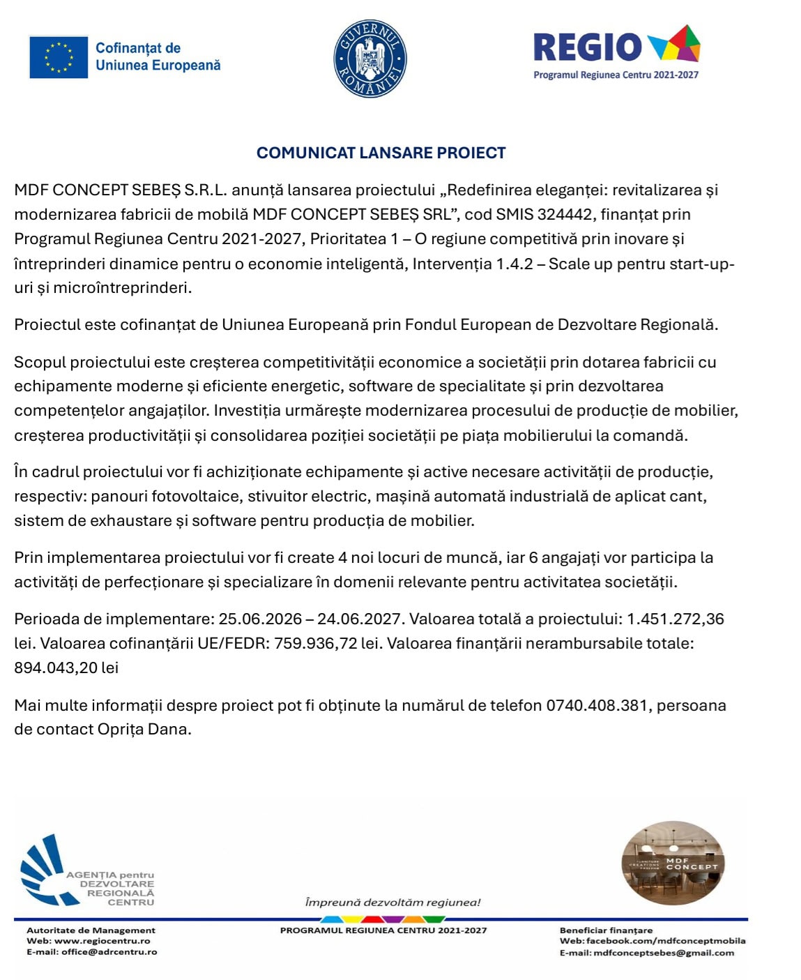 comunicat lansare proiect MDF Concept