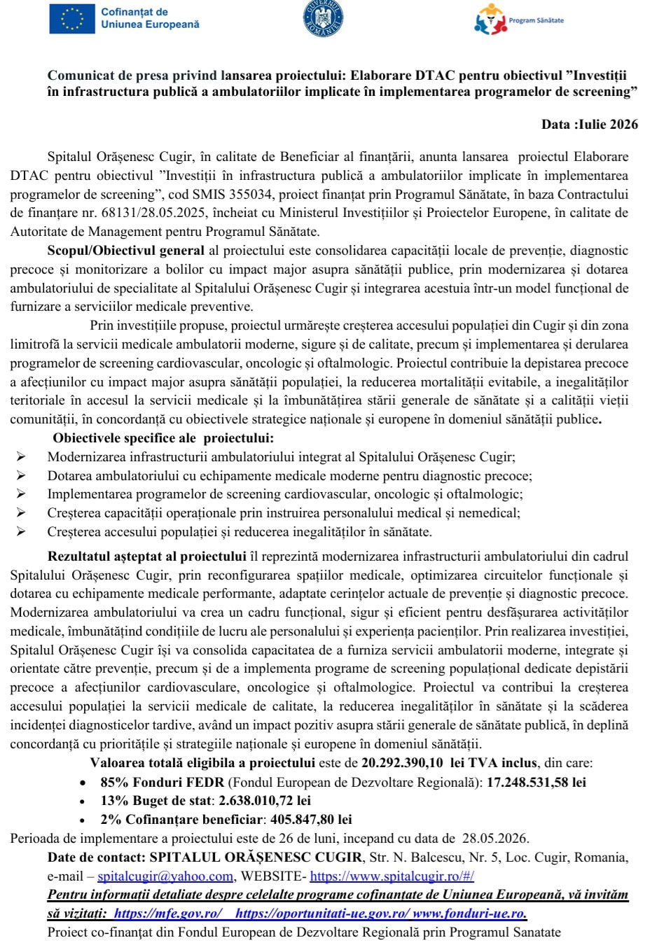comunicat lansare proiect Spitalul Cugir iulie 2026