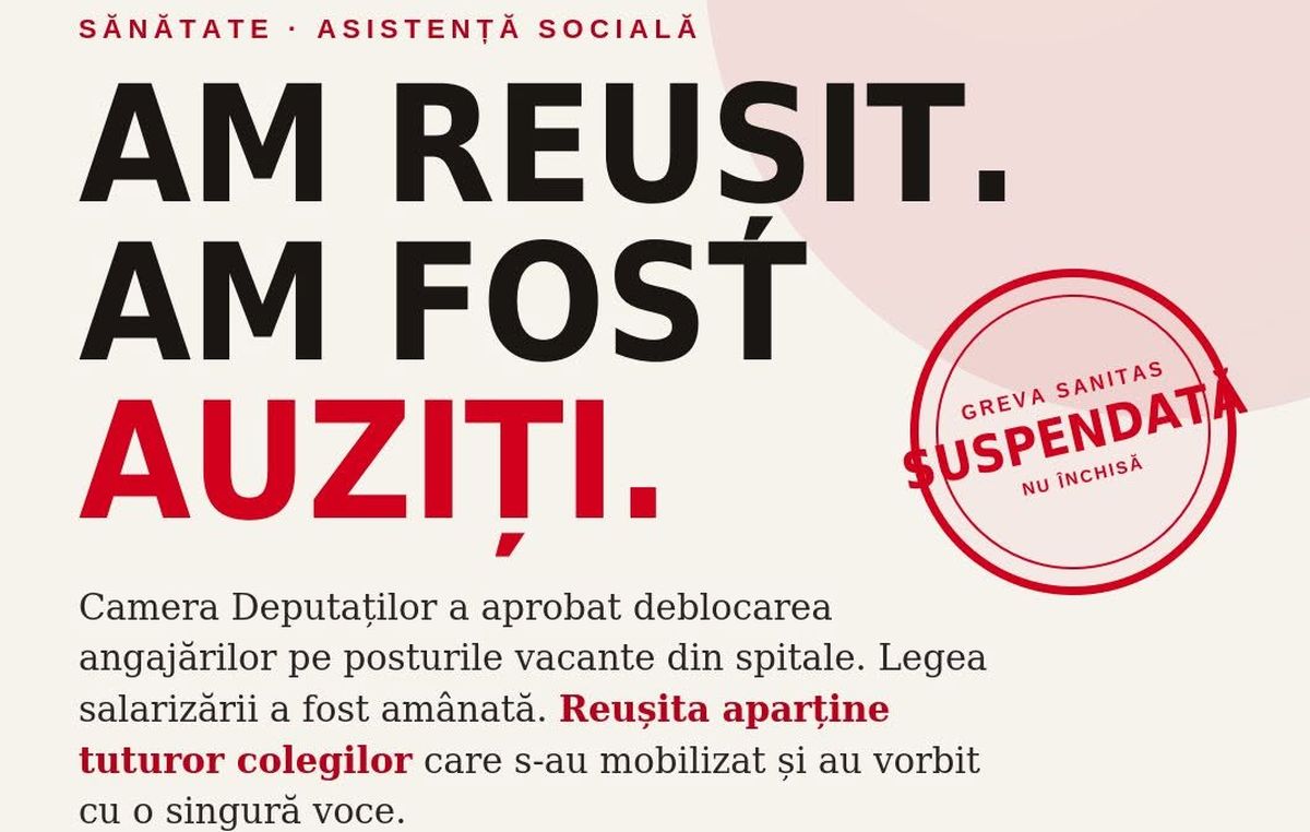 SANITAS suspendă greva generală din Sănătate, după deblocarea posturilor vacante și amânarea legii salarizării