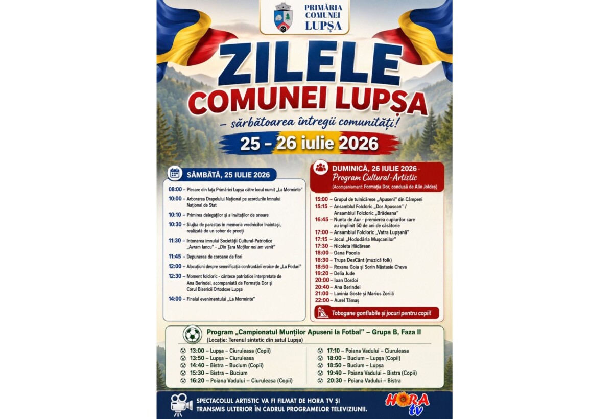 25 - 26 iulie, Zilele Comunei Lupșa: Momente folclorice, jocuri pentru copii și Campionatul Munților Apuseni la Fotbal