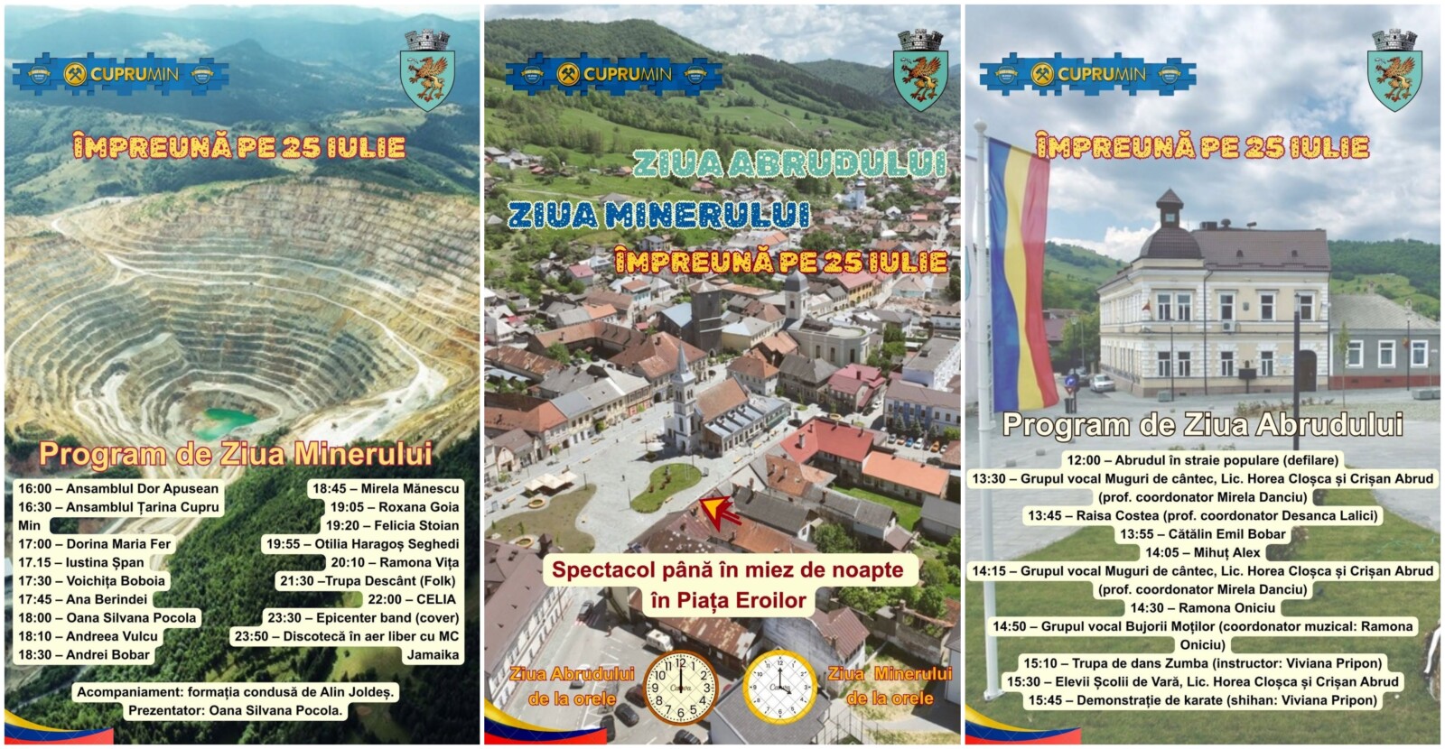 Sâmbătă, 25 iulie: Ziua Abrudului și Ziua Minerului, la Abrud. Spectacol până în miez de noapte, în Piața Eroilor. PROGRAM