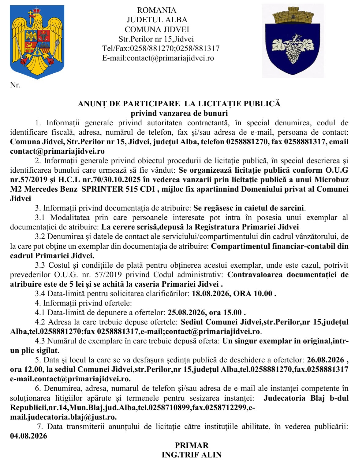 anunt licitatie Primaria Jidvei