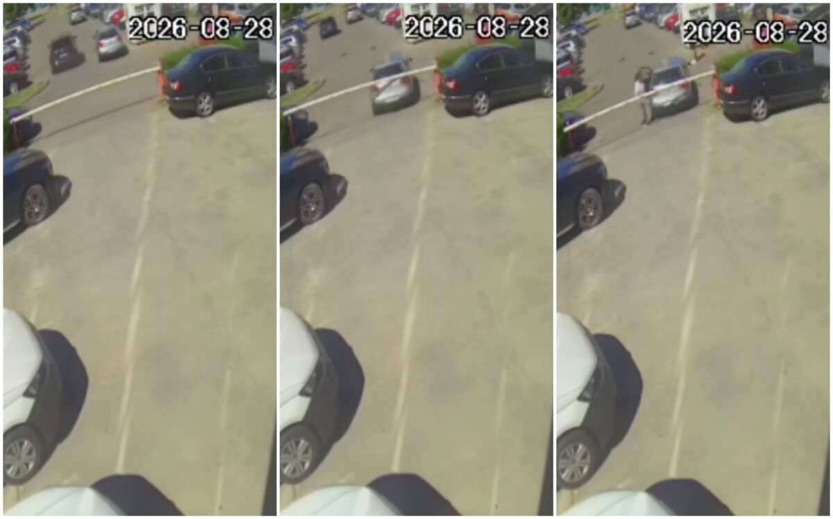 VIDEO ȘTIREA TA: O mașină lăsată fără frâna de mână trasă a rupt o barieră, în zona Policlinicii din Alba Iulia
