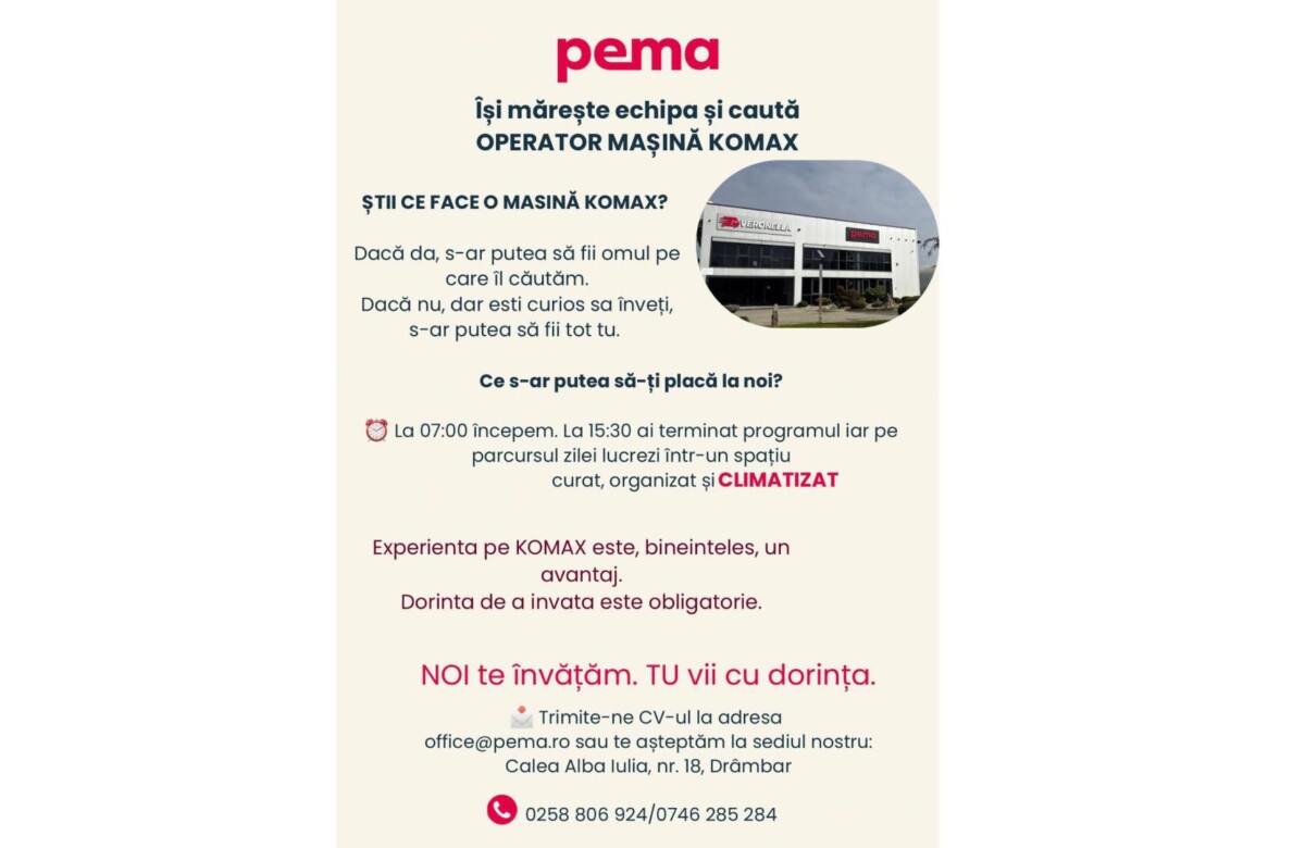 Compania Pema Electrotechnic România angajează operator pentru mașină Komax