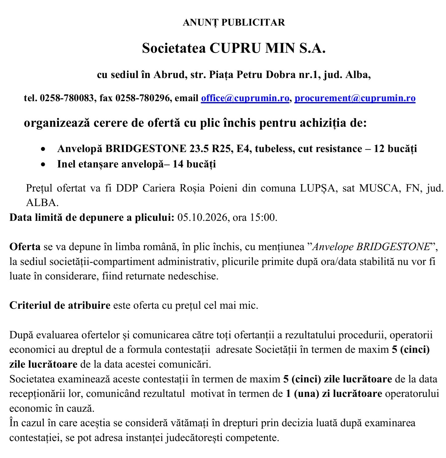 ANUNT CUPRU MIN SA ABRUD ORGANIZEAZA CERERE DE OFERTA
