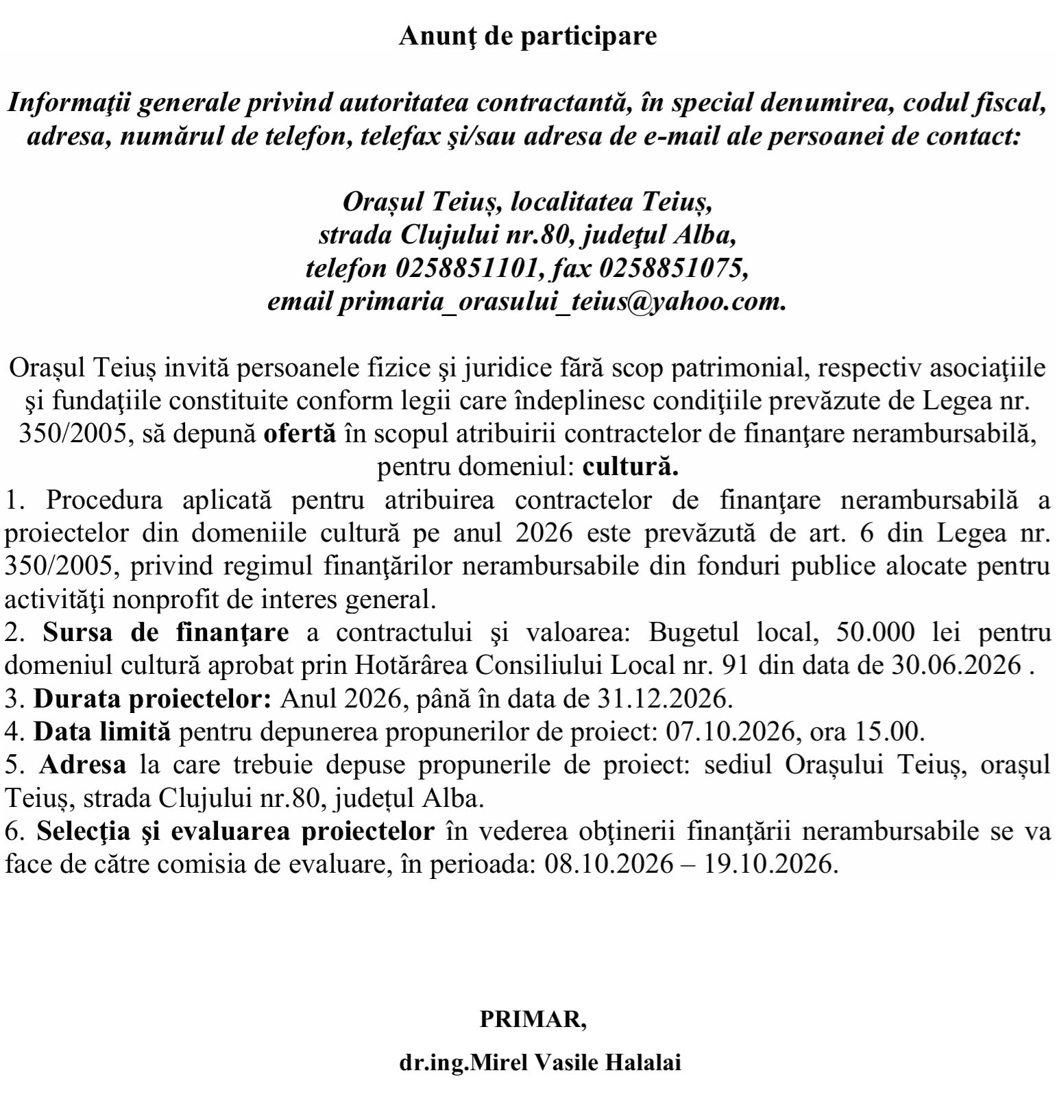 anunt de participare primaria teius cultura