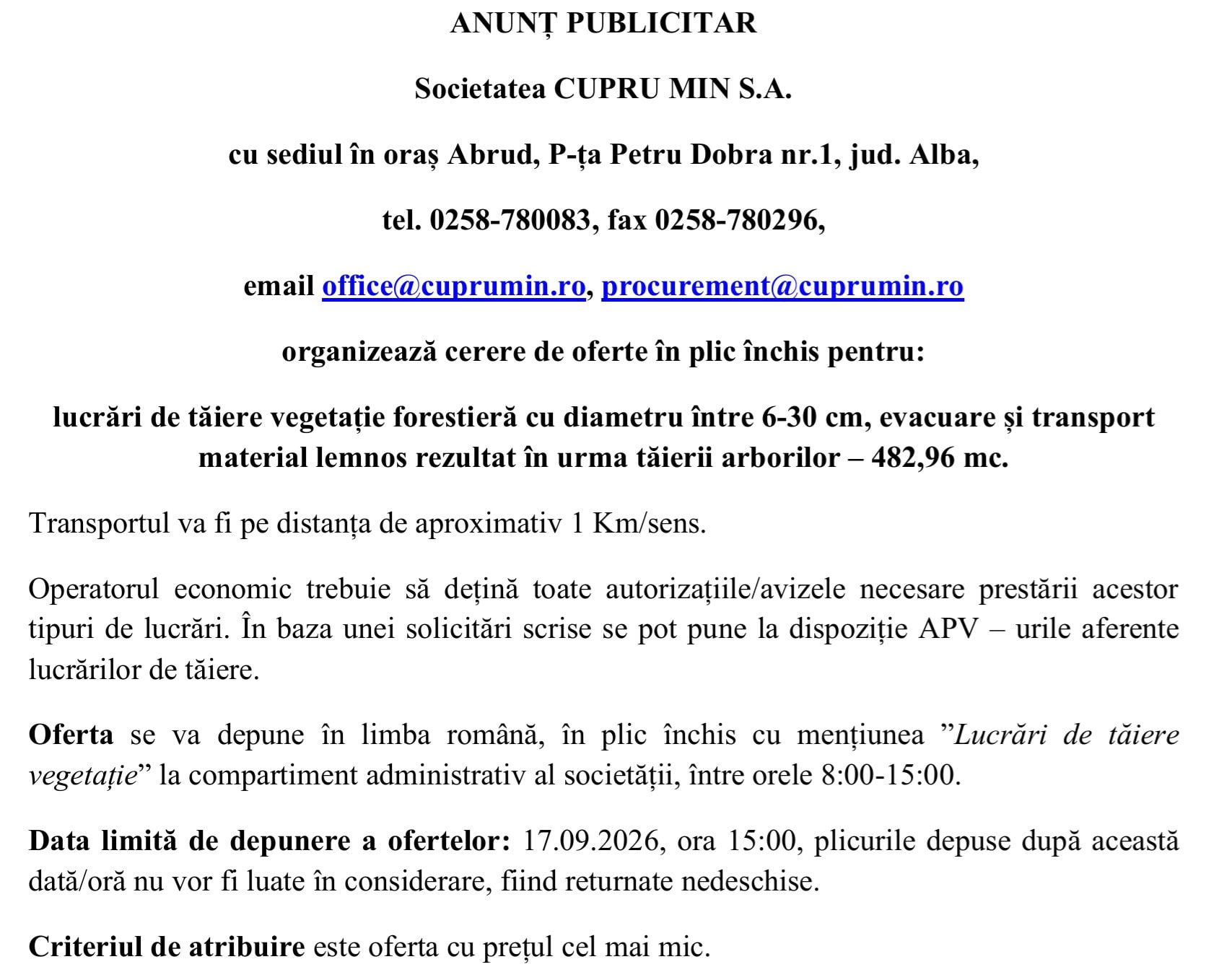 anunt publicitar cupru min sa abrud