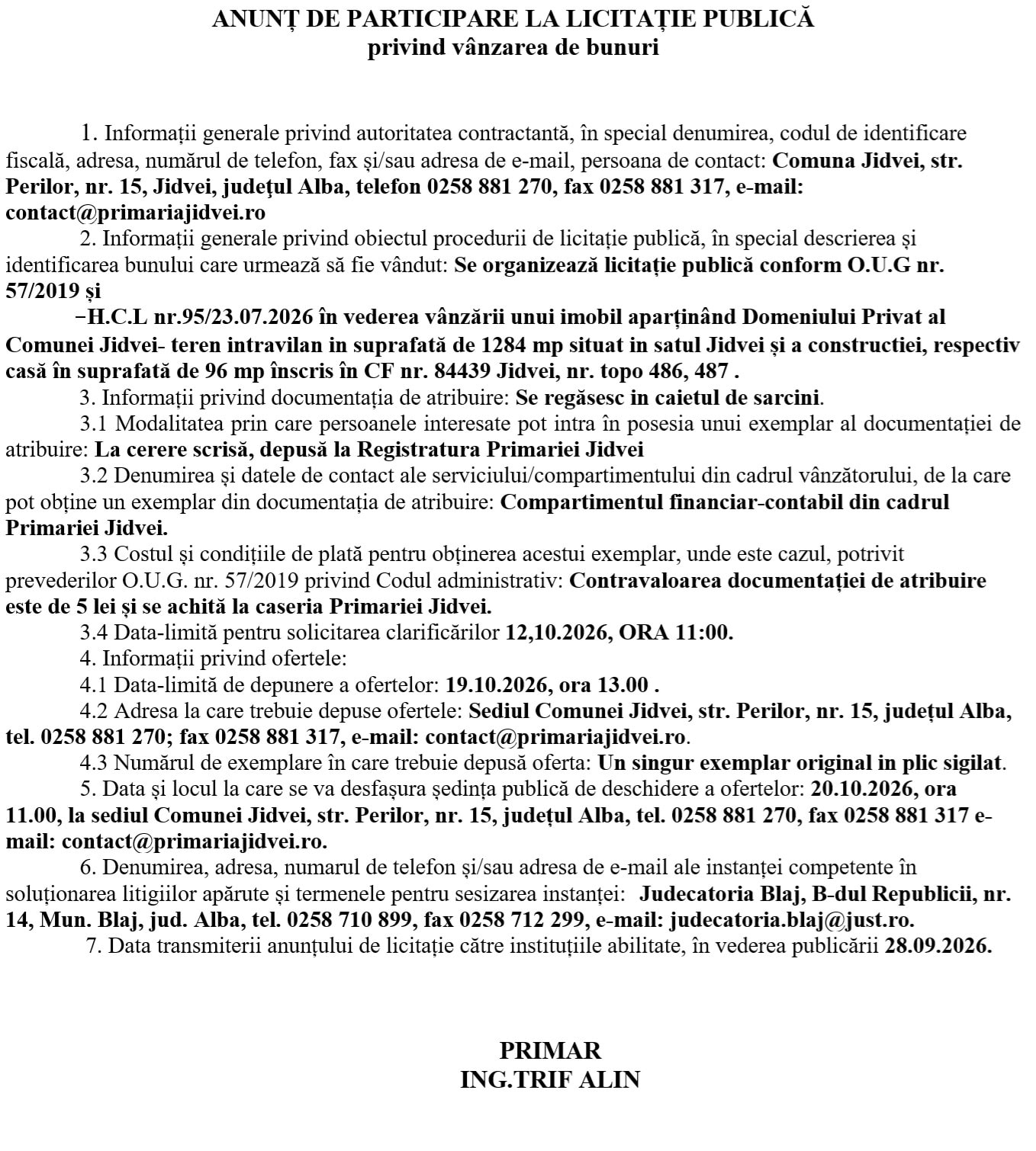COMUNA JIDVEI - anunt de participare la licitatie publica