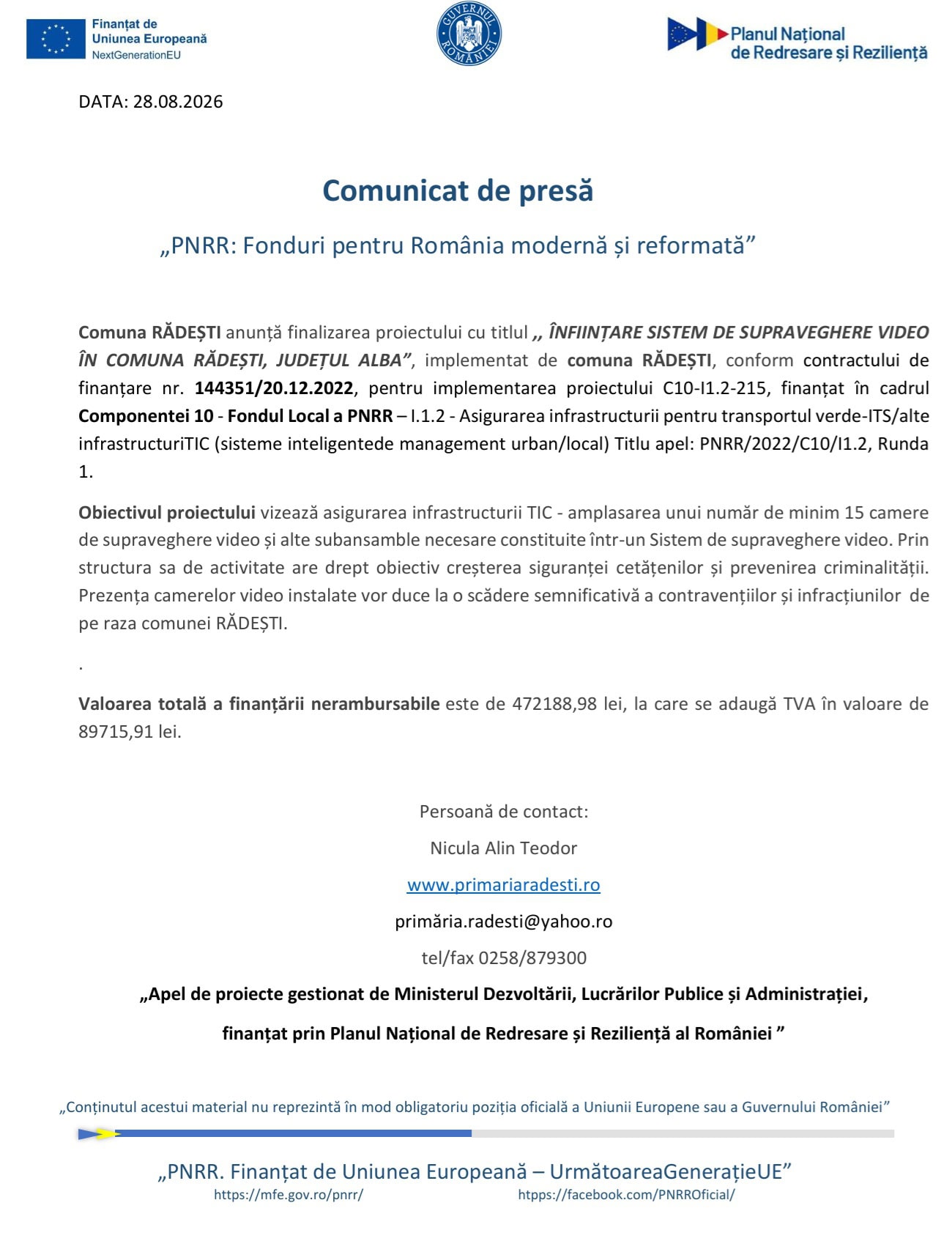 comunicat finalizare proiect Rădești
