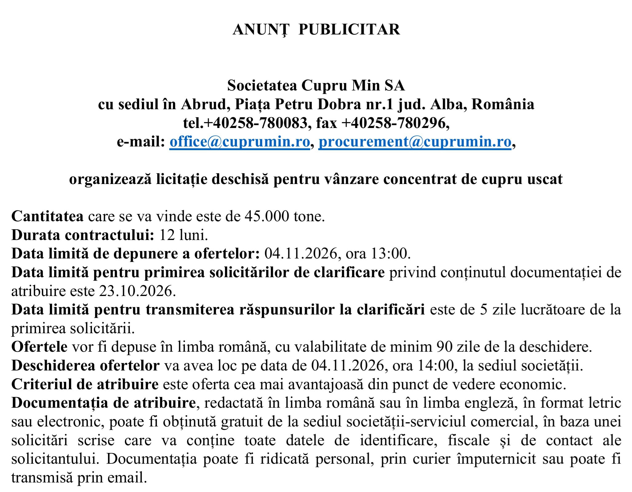 licitatie Cupru Min SA Abrud 30.09.2026
