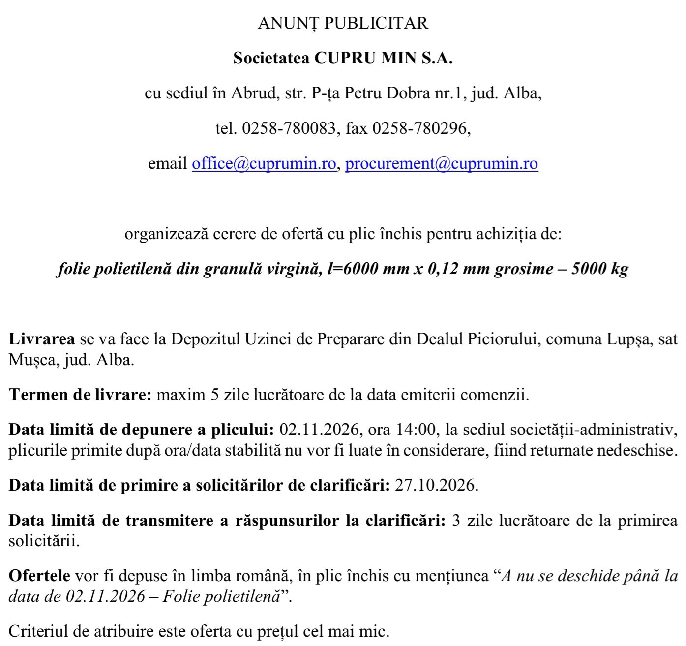 ANUNT CUPRU MIN SA ABRUD